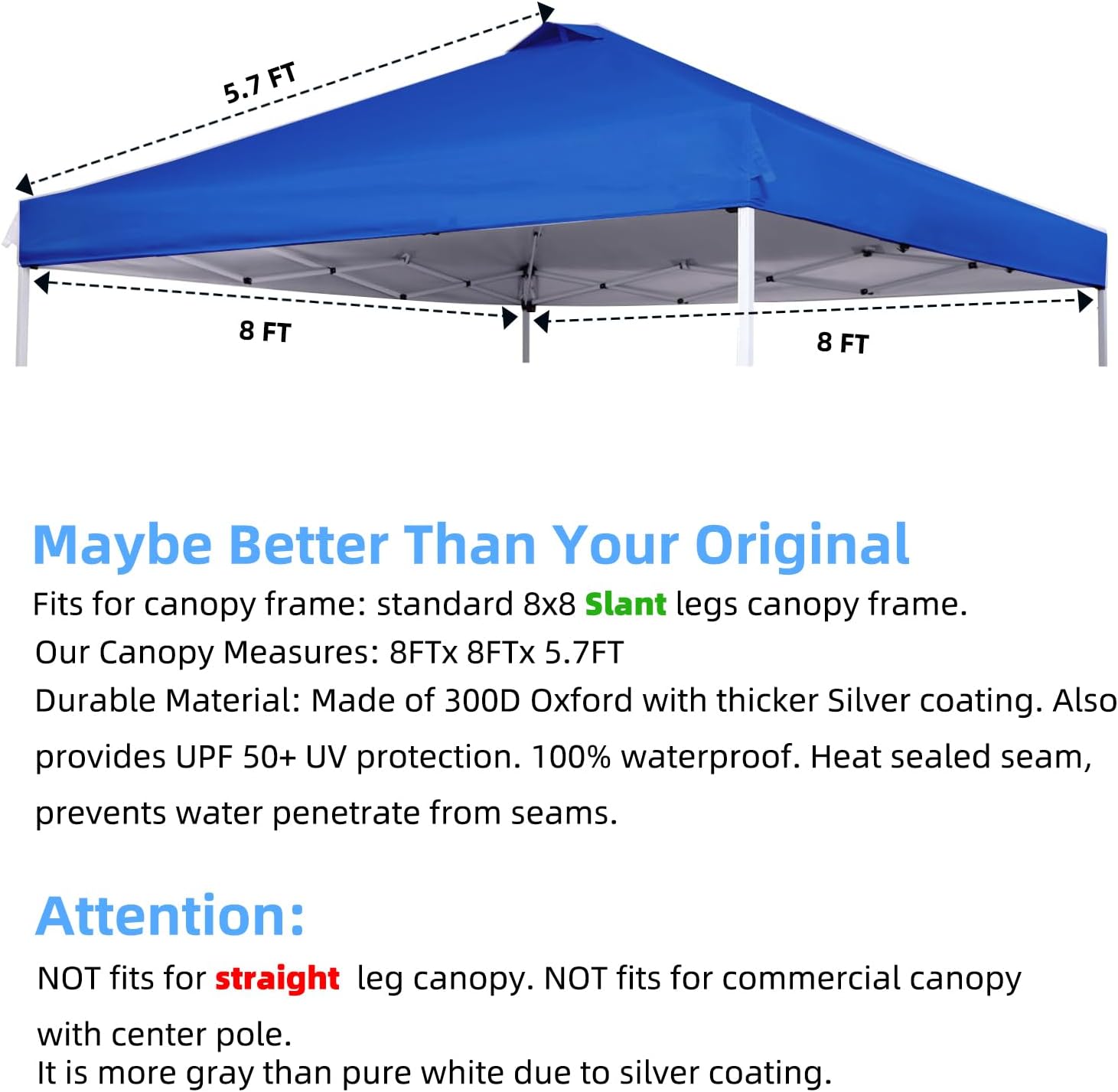 8x8 Slant Leg Canopy Replacement Top, 300D Oxford Waterproof